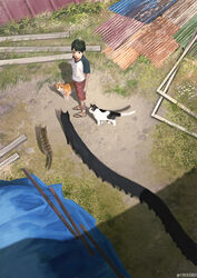  1boy anatomical_nonsense animal black_hair brown_hair brown_shorts cat_day commentary day extra_legs feline from_above grass highres male_focus monokubo multiple_legs original outdoors raglan_sleeves sandals shirt short_hair short_sleeves shorts 