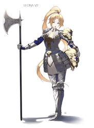  absurdres annoyed armor axe blonde_hair blue_shirt breastplate buckle character_name commentary couter cross cross_patty crossed_legs cuirass cuisses faulds female full_body gauntlets halberd head_tilt helmet high_ponytail highres holding holding_axe holding_helmet holding_polearm holding_weapon knight lion_head_(ornament) lion_hood lion_mane lion_print long_hair looking_at_viewer looking_away open_mouth original ornate_weapon parted_bangs pauldrons plate_armor polearm poleyn ponytail rerebrace rondel sabaton shadow shirt shoulder_armor sideways_glance standing strap subu_art vambraces very_long_hair watson_cross weapon white_background yellow_eyes 