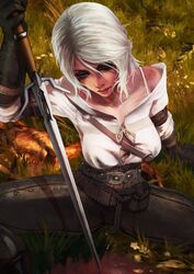  black_gloves bra_strap ciri female gloves grey_eyes highres holding holding_sword holding_weapon looking_to_the_side monori_rogue open_clothes open_shirt sitting solo sword the_witcher_3 weapon white_hair 