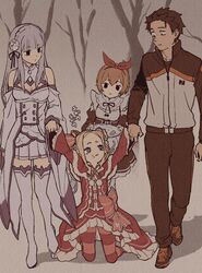  1boy 3girls absurdres bare_tree beatrice_(re:zero) blonde_hair boots bow_hairband capelet closed_mouth commentary_request crown dress emilia_(re:zero) food food_on_face frills fur-trimmed_capelet fur_trim grey_hair hair_ornament hair_ribbon hairband highres holding holding_hands holding_plate iwamushi jacket kneeling long_hair maid mini_crown multiple_girls natsuki_subaru neck_ribbon orange_hair pants pantyhose petra_leyte plate pleated_skirt re:zero_kara_hajimeru_isekai_seikatsu red_dress red_ribbon ribbon roswaal_mansion_maid_uniform shirt shoes short_hair sidelocks skirt sneakers standing striped_clothes striped_pantyhose symbol-shaped_pupils thigh_boots thighhighs track_jacket tree walking zettai_ryouiki zipper_pull_tab 