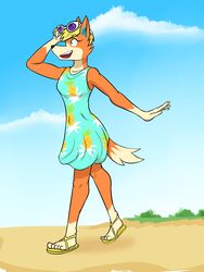  3:4 animal_crossing anthro audie_(animal_crossing) beach canid canine canis clothed clothing dress eyewear eyewear_on_head female footwear fully_clothed fuze hi_res mammal nintendo sandals seaside solo sundress sunglasses sunglasses_on_head wolf 