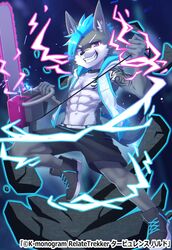  abs adolescent anthro band-aid bandage blue_hair bottomwear canid canine chainsaw cheek_tuft chest_tuft clothed clothing collar facial_tuft footwear hair hald_(manadezimon) hi_res inner_ear_fluff kemono male mammal manadezimon muscular muscular_anthro muscular_male muscular_young open_clothing open_topwear open_vest pecs plantigrade power_tool shoes shorts smile solo tattoo tools topwear tuft vest young young_anthro 