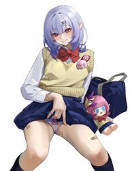  absurdres alternate_eye_color alternate_hair_color bag bandaid breasts clothes_lift commentary_request elysia_(honkai_impact) female hair_ornament herrscher_of_corruption highres honkai_(series) honkai_impact_3rd large_breasts looking_at_viewer panties pointy_ears school_bag school_uniform simple_background skirt skirt_lift smile stocks thighs tutou_jiang underwear white_background 