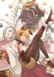  animal_ears backless_outfit beruu blonde_hair blurry blurry_background blush braid breasts brown_pantyhose canine dog_ears dog_girl dog_tail erune female garjana granblue_fantasy hair_ornament highres holding holding_sword holding_weapon katana leg_up looking_at_viewer okobo one_eye_closed pantyhose paw_print paw_print_background platform_footwear rope sandals shimenawa short_hair sideboob single_braid sitting small_breasts sword tail vajra_(granblue_fantasy) w weapon wide_sleeves yellow_eyes 