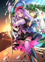  bowl breasts company_name copyright_name desert dress female fire_emblem fire_emblem_cipher hat holding holding_bowl holding_staff horse kousei_horiguchi large_breasts long_hair official_art outdoors parted_lips petals poe_(fire_emblem) purple_eyes purple_hair shirt sky solo staff taut_clothes taut_shirt thighhighs 