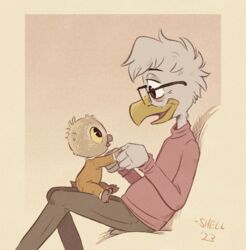  african_grey afrotropical_parrot anthro avian baby beak bird brown_clothing cheek_tuft chicken clothing crows_feet dated disney ducktales ducktales_(2017) duo eye_bags eye_contact eyewear facial_tuft fan_character father_(lore) father_and_child_(lore) father_and_son_(lore) feathers feet fluffy fluffy_hair galliform gallus_(genus) glasses grey_body grey_feathers gyro_gearloose hair hand_holding head_tuft khaki_pants leucistic looking_at_another male neck_tuft on_lap onesie orange_beak orange_clothing parent_(lore) parent_and_child_(lore) parent_and_son_(lore) parrot phasianid pink_background pink_beak pink_clothing pink_feet scut_tail shellyochunks short_tail signature simple_background son_(lore) sweater tail tan_background tan_body tan_feathers topwear trans_(lore) trans_man_(lore) true_parrot tuft turtleneck white_body white_feathers yellow_background yellow_beak yellow_body yellow_eyes yellow_feathers yellow_sclera young 