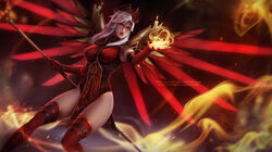  breasts cosplay female gloves hat highleg highleg_leotard large_breasts leotard mechanical_wings mercy_(overwatch) olchas overwatch red_eyes red_gloves red_legwear sally_whitemane sally_whitemane_(cosplay) staff tagme thighhighs warcraft white_hair wings world_of_warcraft 