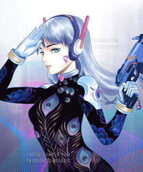  alternate_costume alternate_eye_color alternate_hair_color armor artist_name black_jumpsuit bodysuit d.va_(overwatch) facepaint facial_mark female floral_print flower gloves gun headphones headset high_collar holding holding_gun holding_weapon jumpsuit lily_pad lotus luffie overwatch overwatch_1 patreon_username peacock_feathers pink_lips purple_eyes purple_hair purple_headphones salute shoulder_armor simple_background solo tumblr_username watermark weapon web_address whisker_markings white_gloves 