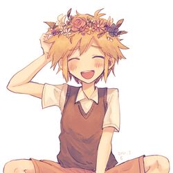  1boy :d ^_^ basil_(faraway)_(omori) basil_(omori) blonde_hair blue_flower blush brown_shorts brown_sweater_vest closed_eyes collared_shirt commentary dated facing_viewer flower flower_wreath hand_on_own_head head_wreath highres hyaku_(momongamomomo) indian_style male_focus omori pink_flower purple_flower shirt short_hair shorts simple_background sitting smile solo sweater_vest white_background white_flower white_shirt 