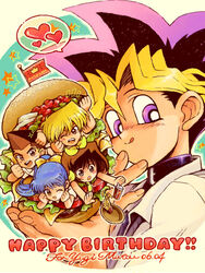  2girls 3boys arms_up black_hair blonde_hair blue_hair brown_hair burger caf_(artist) cheese cup dyed_bangs english_text food french_fries happy_birthday heart honda_hiroto jonouchi_katsuya lettuce mazaki_anzu multicolored_hair multiple_boys multiple_girls muto_yugi nosaka_miho one_eye_closed ponytail purple_eyes purple_hair shirt short_sleeves speech_bubble star_(symbol) tongue tongue_out upper_body white_shirt yu-gi-oh! yu-gi-oh!_(toei) 