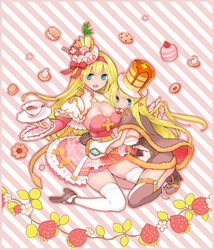  2girls apple apple_rabbit apple_slice arch_bishop_(ragnarok_online) blonde_hair blue_eyes bow breasts brown_cape brown_gloves brown_thighhighs cape checkerboard_cookie chocolate_chip_cookie cleavage cleavage_cutout clothing_cutout commentary_request cookie cross cup dress dress_bow elf flower food food_art food_on_head frilled_dress frilled_sleeves frills fruit fruit_on_head full_body fur-trimmed_cape fur-trimmed_dress fur_trim garter_straps gloves hairband high_heels highres hug juliet_sleeves large_breasts long_hair long_sleeves looking_at_viewer macaron multiple_girls object_on_head official_alternate_costume omanjuu_(tamppcn) open_mouth pancake pancake_stack pointy_ears poring puffy_sleeves ragnarok_online red_cape red_hairband sash short_dress smile souffle_pancake strapless strapless_dress strawberry strawberry_blossoms tea teacup thighhighs thumbprint_cookie two-sided_cape two-sided_fabric two-tone_dress two-tone_legwear warlock_(ragnarok_online) white_dress white_thighhighs yellow_bow yellow_sash 