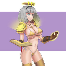  anna_nishikinomiya armor bikini bikini_armor book breasts cleavage closed_mouth collarbone cross donburi_(donburikazoku) female gloves grey_hair hairband jewelry large_breasts navel necklace paladin shimoneta_to_iu_gainen_ga_sonzai_shinai_taikutsu_na_sekai short_hair shoulder_pads solo swimsuit thighhighs warcraft world_of_warcraft 