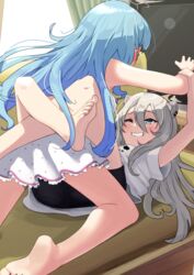  2girls aged_down ahoge animal_ear_fluff animal_ear_piercing animal_ears arm_grab bare_arms bare_legs barefoot black_shorts blue_eyes blue_hair blush cowgirl_position dress ear_blush ear_piercing elf feet foot_out_of_frame frilled_dress frills grey_hair grin hair_between_eyes heart heart_ahoge highres hololive indoors leg_lock legs lion_ears lion_girl long_hair lying multiple_girls official_alternate_costume on_back on_floor one_eye_closed open_mouth piercing pointy_ears polka_dot polka_dot_dress print_shirt shirt shishiro_botan shishiro_botan_(casual) short_dress shorts sleeveless sleeveless_dress smile soles taachika teeth television tickling toes virtual_youtuber white_dress white_shirt yukihana_lamy yukihana_lamy_(loungewear) 