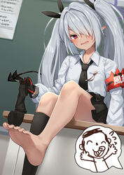  1boy armband barefoot black_gloves black_necktie black_ribbon black_skirt black_socks blue_archive blurry blurry_background blush breasts chalkboard classroom collared_shirt commentary demon_tail desk doodle_sensei_(blue_archive) dutch_angle embarrassed feet female foot_focus foot_out_of_frame foreshortening gloves grey_hair grey_shirt hair_over_one_eye hair_ribbon halo holding holding_clothes holding_legwear indoors iori_(blue_archive) knees_together_feet_apart long_sleeves looking_at_viewer miniskirt necktie on_desk pensuke pleated_skirt pointy_ears presenting_foot red_armband red_eyes ribbon school_uniform sensei_(blue_archive) shadow shirt single_sock sitting skirt socks soles solo_focus tail thighs toenails toes twintails 