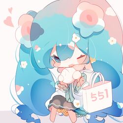  aqua_flower bag baozi black_skirt blue_eyes blue_hair blush_stickers capelet chibi commentary dress eating female flower flower_underskirt food fuyuzuki_gato hair_flower hair_ornament hatsune_miku highres holding holding_food long_hair magical_mirai_(vocaloid) magical_mirai_miku magical_mirai_miku_(2021) one_eye_closed open_mouth orange_flower shopping_bag sitting skirt solo twintails very_long_hair vocaloid white_dress white_flower 