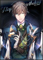  1boy ahoge brown_hair collar crossed_arms dated feathers gem gloves glowing green_eyes happy_birthday jacket jacket_on_shoulders long_sleeves looking_at_viewer male_focus open_clothes open_jacket parted_lips quanzhi_gaoshou s_(olath) shirt short_hair solo star_(sky) upper_body wang_jiexi white_feathers white_gloves 