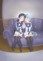  2girls black_gloves black_thighhighs blue_hair couch elbow_gloves gloves highres holding_hands indoors kantai_collection long_hair multiple_girls naviyu_elin protected_link samidare_(kancolle) sleeping suzukaze_(kancolle) thighhighs twintails 