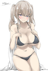  alternate_costume bikini black_bikini breasts cleavage collarbone female gakky graf_zeppelin_(kancolle) grey_eyes hair_between_eyes highres kantai_collection large_breasts one-hour_drawing_challenge sidelocks simple_background solo swimsuit towel twintails white_background 