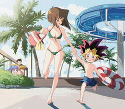  2girls 3boys absurdres barefoot bikini black_hair blonde_hair blue_eyes blue_hair blush bow breasts brown_eyes brown_hair cleavage cloud cloudy_sky day dyed_bangs green_bikini hairbow height_difference highres honda_hiroto innertube jonouchi_katsuya male_swimwear mazaki_anzu multicolored_hair multiple_boys multiple_girls muto_yugi nashi375 navel nosaka_miho outdoors pointing purple_eyes red_hair running shadow sky swim_ring swim_trunks swimsuit topless_male tree waterpark yellow_bow yu-gi-oh! yu-gi-oh!_(toei) 