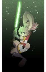  2023 absurd_res accessory anthro ass blue_eyes brown_body brown_fur brown_hair eyelashes feet female fur green_lightsaber hair hair_accessory hair_tie hi_res lagomorph lepi leporid lightsaber long_ears looking_at_viewer lop_(star_wars_visions) mammal melee_weapon ponytail rabbit scottyartz scut_tail short_tail solo star_wars star_wars_visions tail weapon 