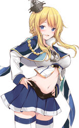  aiguillette anchor azur_lane blonde_hair blue_capelet blue_eyes blue_skirt blush braid breasts capelet cowboy_shot crop_top crown female french_braid hair_between_eyes hands_on_own_hips hashtag-only_commentary headgear highres long_hair long_sleeves looking_at_viewer medium_breasts mikuchi3939 mini_crown navel open_mouth pleated_skirt popped_collar renown_(azur_lane) sidelocks skirt smile solo thighhighs union_jack white_background 