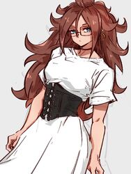  android_21 blue_eyes choker commentary_request corset dragon_ball dragon_ball_fighterz dress earrings female glasses grey_background hair_between_eyes hoop_earrings jewelry kemachiku long_hair looking_at_viewer red_hair short_sleeves simple_background solo white_dress 