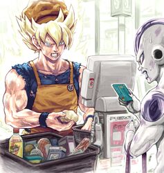  2boys alternate_costume anger_vein apron blonde_hair blue_eyes blue_shirt cash_register cashier commentary credit_card dragon_ball dragon_ball_z food frieza highres holding indoors looking_at_another male_focus multiple_boys muscular muscular_male open_mouth orange_apron orange_headwear parody pun rivalry sakkan shirt shop shopping short_hair soda_bottle son_goku spiked_hair standing super_saiyan super_saiyan_1 sweat teeth 