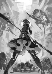  2b_(nier:automata) 6+others ass boots breasts commentary dress english_commentary feather-trimmed_sleeves feather_trim female from_behind greyscale highres holding holding_polearm holding_weapon incoming_attack juliet_sleeves legs_apart leotard leotard_peek leotard_under_clothes long_sleeves machine_(nier) medium_breasts monochrome multiple_others nier:automata nier_(series) optionaltypo polearm puffy_sleeves shield short_hair skindentation solo_focus spear standing sword thick_thighs thigh_boots thighhighs thighhighs_under_boots thighs thong_leotard underbutt upskirt vambraces weapon 