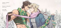  2boys battle_tendency blonde_hair blue_eyes brown_hair caesar_anthonio_zeppeli collaboration face-to-face facial_mark feather_hair_ornament feathers fingerless_gloves gloves green_eyes green_scarf grin hair_ornament headband highres jojo_no_kimyou_na_bouken joseph_joestar joseph_joestar_(young) korean_commentary male_focus mubebe_0p multicolored_clothes multicolored_scarf multiple_boys pink_scarf ranch_jjba scarf scarf_grab smile striped_clothes striped_scarf triangle_print vertical-striped_clothes vertical-striped_scarf yellow_scarf 