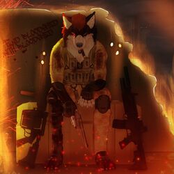  1:1 2017 anthro biped blood bodily_fluids bullet_hole bulletproof_vest canid canine canis cigar cigar_in_mouth clothed clothing digital_media_(artwork) english_text fruitymadness fully_clothed gun handgun hi_res holding_gun holding_handgun holding_object holding_ranged_weapon holding_revolver holding_weapon inner_ear_fluff male mammal object_in_mouth ranged_weapon revolver shaded sitting smoking smoking_cigar solo text theorangewolf tuft weapon white_inner_ear_fluff wolf 