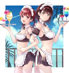  2girls :d apron aqua_eyes ass ass-to-ass back-to-back bikini black_bow black_hair black_skirt bow braid breasts cleavage cloud cocktail_glass contrail crop_top cup detached_collar detached_sleeves drinking_glass e_(eokiba) food fruit hairbow hand_on_own_hip highres holding holding_tray hurricane_glass locked_arms maid maid_bikini maid_headdress medium_breasts midriff multiple_girls navel open_mouth original puffy_detached_sleeves puffy_sleeves railing red_eyes red_hair short_hair skirt sky small_breasts smile swimsuit tray tropical_drink twintails unconventional_maid waist_apron 