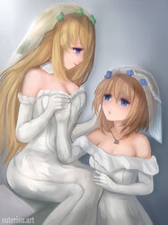  2girls :o artist_name blanc_(neptunia) blonde_hair blue_eyes blush breasts bridal_veil brown_hair cleavage collarbone commentary dress elbow_gloves eye_contact gloves hand_on_another&#039;s_face hand_on_another&#039;s_knee highres holding_hands jewelry large_breasts lipstick long_hair looking_at_another makeup medium_breasts multiple_girls necklace neptune_(series) photoshop_(medium) short_hair simple_background sitting suterisu veil vert_(neptunia) wedding_dress wife_and_wife yuri 