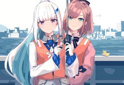  2girls :3 absurdres alternate_hairstyle bad_id bad_twitter_id bird blue_eyes blue_hair blunt_bangs brown_hair city colored_inner_hair feather_hair_ornament feathers fishing fishing_rod hair_behind_ear hair_ornament hands_on_another&#039;s_hips head_tilt highres holding holding_fishing_rod life_vest lize_helesta long_hair medium_hair monocle multicolored_hair multiple_girls nijisanji ponytail purple_eyes sebastian_piyodore shosei_(shoseikanashimi) skyline suzuhara_lulu v-shaped_eyebrows virtual_youtuber white_hair 