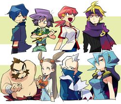  3girls 5boys belt belt_buckle black_cape black_sweater blue_coat blue_shorts bodysuit bow brown_belt brown_hair buckle bugsy_(pokemon) buttons cape choker chuck_(pokemon) clair_(pokemon) closed_mouth coat commentary_request earrings facial_hair falkner_(pokemon) frown green_shirt green_shorts hair_bobbles hair_ornament hair_over_one_eye headband holding jacket jasmine_(pokemon) jewelry long_hair looking_up morty_(pokemon) motojima_hakka multiple_boys multiple_girls old old_man parted_lips pokemon pokemon_hgss ponytail pryce_(pokemon) purple_hair purple_headband purple_scarf ribbed_sweater scarf shirt short_hair shorts sweater topless_male two_side_up white_hair white_jacket white_scarf whitney_(pokemon) 