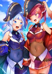  2girls :d absurdres adapted_costume alternate_color arrow_through_heart ascot bare_shoulders belt bicorne black_choker black_coat black_headwear blue_ascot blue_eyes blue_hair blue_skirt blue_sky blue_vest blunt_bangs blush breasts brown_belt brown_legwear buttons choker cloud coat commentary_request cosplay covered_navel cowboy_shot crop_top day embroidery frilled_choker frills gawr_gura gold_trim grey_hair groin hair_ribbon hat heterochromia highres hololive hololive_english houshou_marine houshou_marine_(1st_costume) houshou_marine_(cosplay) leather_belt leotard leotard_under_clothes long_hair looking_at_another matching_outfits medium_breasts medium_hair midriff miniskirt multicolored_hair multiple_girls no_eyepatch off_shoulder open_mouth pirate_costume pleated_skirt red_ascot red_eyes red_hair red_ribbon red_skirt red_vest ribbon sakamiya_tsuto see-through see-through_leotard sharp_teeth sidelocks skirt sky sleeveless small_breasts smile standing streaked_hair teeth thighhighs twintails two-tone_skirt two_side_up vest virtual_youtuber yellow_eyes zettai_ryouiki 