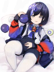  absurdres black_hair blue_hair blue_jacket blue_neckerchief blue_sailor_collar blue_shorts blueberry crop_top female food fruit gradient_eyes gradient_jacket grey_eyes grey_hair hand_on_own_stomach highres jacket long_hair long_sleeves looking_at_viewer low_twintails lying multicolored_eyes multicolored_hair neckerchief nijisanji oerba_yun_fang off_shoulder on_back pantyhose pantyhose_under_shorts pink_eyes pom_pom_(clothes) ponto_nei ponto_nei_(1st_costume) sailor_collar senzaicha_kasukadoki shirt shorts skin_fang sleeves_past_wrists smile smug solo streaked_hair twintails virtual_youtuber white_pantyhose white_shirt 