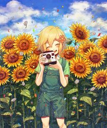  1boy ^_^ basil_(faraway)_(omori) basil_(omori) birthday blonde_hair blue_sky blush camera closed_eyes cloud cloudy_sky commentary_request confetti daisy dated facing_viewer feet_out_of_frame flower green_shirt hair_flower hair_ornament happy_birthday highres holding holding_camera hyaku_(momongamomomo) male_focus omori open_mouth orange_flower outdoors overalls plant polaroid polaroid_camera shirt short_hair sky smile solo standing sunflower white_flower yellow_flower 