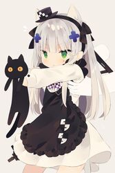  :&lt; aged_down animal animal_ears apron assault_rifle black_cat cat_ears cat_girl commentary_request dress feline female girls&#039;_frontline green_eyes grey_hair gun gun_on_back h&amp;k_hk416 hair_ornament hairband hat highres hk416_(black_kitty&#039;s_gift)_(girls&#039;_frontline) hk416_(girls&#039;_frontline) holding holding_animal holding_cat holding_person kemonomimi_mode lifting_person long_sleeves mimo_lm mini_hat official_alternate_costume rifle solo_focus triangle_mouth weapon weapon_on_back white_dress yellow_eyes 