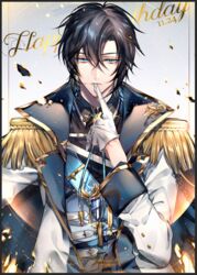  1boy belt biting black_hair blue_cape blue_eyes cape dated epaulettes fire gem gloves glowing happy_birthday high_collar jacket long_sleeves looking_at_viewer male_focus open_clothes open_jacket parted_lips quanzhi_gaoshou s_(olath) short_hair sleeve_cuffs solo tassel torn_cape torn_clothes torn_jacket upper_body white_belt white_gloves zhou_zekai 