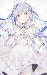  +_+ amane_kanata amane_kanata_(nurse) angel_wings armband bandaged_arm bandages bed_sheet blue_eyes blue_hair blush colored_inner_hair detached_collar dress female gloves grey_hair hair_ornament hat heart highres holding holding_syringe hololive long_hair lying multicolored_hair nurse_cap official_alternate_hair_length official_alternate_hairstyle on_back on_bed panties puffy_short_sleeves puffy_sleeves shin_no_tenpii short_sleeves single_hair_intake solo syringe twintails underwear virtual_youtuber white_dress white_gloves wings x_hair_ornament 