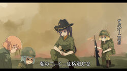  &gt;_&lt; 4girls apocalypse_now assault_rifle black_footwear black_headwear blonde_hair blue_eyes boots breasts camouflage closed_eyes closed_mouth cowboy_hat fuka_(kantoku) full_body gochuumon_wa_usagi_desu_ka? green_pants green_shirt gun hair_ornament hat holding holding_gun holding_weapon hoto_cocoa kafuu_chino kirima_syaro large_breasts letterboxed looking_at_another m16 m16a1 military military_hat military_uniform multiple_girls on_one_knee open_mouth pants parody ponytail purple_eyes purple_hair rifle shirt short_hair smile squatting subtitled tedeza_rize translation_request uniform upper_body weapon x_hair_ornament 