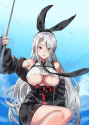  absurdres armpits azur_lane black_gloves black_jacket black_necktie black_skirt blue_sky blush breasts clothes_pull female fingerless_gloves gloves grey_hair hair_ornament highres holding jacket jacket_pull large_breasts long_hair looking_at_viewer necktie prinz_heinrich_(azur_lane) rabbit_hair_ornament red_eyes sankyo_(821-scoville) skirt sky solo thighs tongue tongue_out underboob 