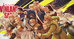  2girls 6+boys absurdres aquiline_nose beard bird bjorn_(vinland_saga) black_hair blonde_hair botanicaxu brown_hair canute character_request clenched_hand crown dual_wielding everyone eyepatch facial_hair fighting_stance fur_trim helga_(vinland_saga) helmet highres holding holding_weapon leif_ericson_(vinland_saga) long_hair long_sleeves multiple_boys multiple_girls open_mouth ragnar_(vinland_saga) running scar scar_on_face sheath sheathed short_hair sword thorfinn thorkell thors viking vinland_saga weapon willibald ylva 