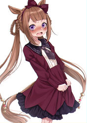  absurdres animal_ears blush bow braid braided_hair_rings brown_hair commentary_request dancho_(dancyo) dress female frilled_dress frills hair_rings hairbow highres horse_ears horse_girl horse_tail juliet_sleeves long_hair long_sleeves looking_at_viewer nose_blush open_mouth puffy_sleeves purple_eyes red_bow red_dress simple_background solo sweat sweep_tosho_(umamusume) tail teeth trimmed_tail twin_braids twintails umamusume upper_teeth_only v-shaped_eyebrows very_long_hair white_background 