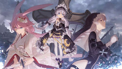  3girls animal_ears bare_shoulders black_bow black_ribbon blue_eyes bow braid breasts choker closed_mouth cross_(weapon) earrings eyebrows hair_between_eyes hair_ornament hair_ribbon hairbow highres holding holding_weapon honkai_(series) honkai_impact_3rd japanese_clothes jewelry kallen_kaslana kimono long_hair long_sleeves looking_at_viewer low_ponytail low_twintails multiple_girls oath_of_judah official_art pink_hair ribbon shoes sougishi_ego standing theresa_apocalypse theresa_apocalypse_(celestial_hymn) thighhighs twintails weapon white_hair white_legwear wide_sleeves yae_sakura yae_sakura_(gyakushinn_miko) 