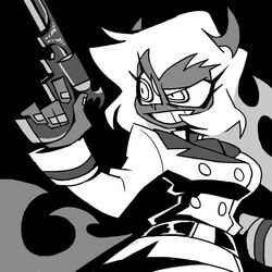  belt buttons commentary dark-skinned_female dark_skin demon demon_horns demon_tail double-breasted female greyscale grin gun handgun holding holding_gun holding_weapon horns jacket long_hair long_sleeves monochrome open_mouth panty_&amp;_stocking_with_garterbelt scanty_(psg) simple_background smile solo tail teeth vanripper weapon 