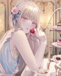  :o absurdres armpits bare_arms blonde_hair blunt_bangs blush bob_cut candy chestnut_mouth chocolate cup dress elbows_on_table female flower food from_side hair_flower hair_ornament hair_ribbon hairband head_on_hand heart heart-shaped_chocolate highres holding holding_chocolate holding_food lolita_hairband looking_at_viewer mug nomuraumu original pinafore_dress ribbon short_hair sleeveless sleeveless_dress solo symbol_in_eye thick_eyebrows yellow_eyes 