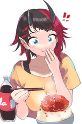  ! !! :t absurdres alternate_costume black_hair black_tank_top blue_eyes blush bottle breasts chopsticks closed_mouth cola commentary_request demon_girl demon_horns eating female fish_(food) highres holding holding_chopsticks horns ikura_(food) large_breasts looking_down multicolored_hair nanashi_inc. pointy_ears red_hair rice ryugasaki_rene shirt short_hair simple_background solo sugar_lyric tank_top two-tone_hair upper_body virtual_youtuber white_background yellow_shirt zono_(inokura_syuzo029) 