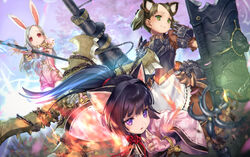  3girls adashi_makoto animal_ear_fluff animal_ears apron armor bell black_hair bodysuit bracelet breastplate brown_dress brown_hair cat_ears chains dog_ears dress elin expressionless fighting_stance fingerless_gloves forehead gloves green_eyes grey_hair hair_intakes highres huge_weapon jewelry jingle_bell lance lancer_(tera_online) long_hair multiple_girls ninja_(tera_online) outstretched_arms pink_bodysuit pink_eyes pink_gloves pink_shirt polearm ponytail priest_(tera_online) rabbit_ears red_eyes shield shirt short_hair short_shorts short_twintails shorts shuriken staff tera_online twintails waist_apron weapon white_apron 