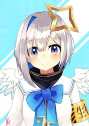  amane_kanata amane_kanata_(1st_costume) angel angel_wings armband asymmetrical_bangs asymmetrical_hair blue_eyes blue_hair blush bob_cut closed_mouth colored_inner_hair feathered_wings female gradient_eyes grey_hair grey_jacket hair_over_one_eye halo high_collar highres hololive jacket keaworks looking_at_viewer mini_wings multicolored_eyes multicolored_hair sailor_collar school_uniform short_hair signature single_hair_intake smile solo star_halo turtleneck upper_body virtual_youtuber white_wings wings yellow_eyes 